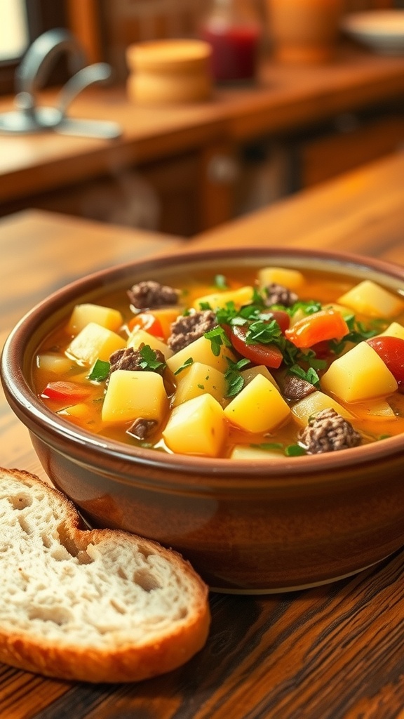 A bowl of potato hamburger soup with ground beef and vegetables, garnished with parsley, alongside a slice of bread.